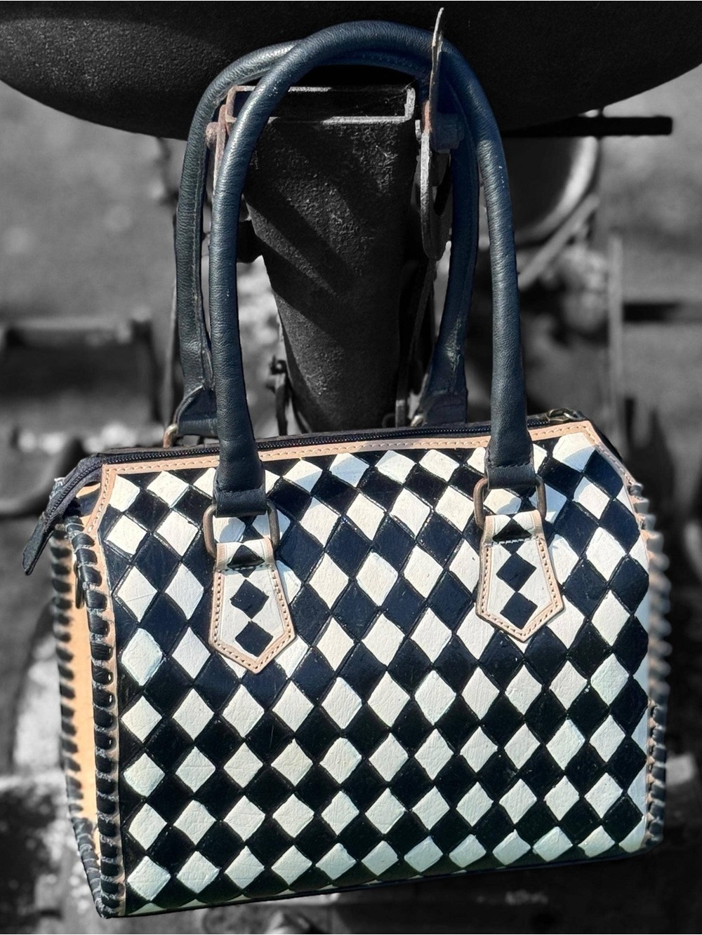 Black & White Diamond-Pattern Satchel Bag